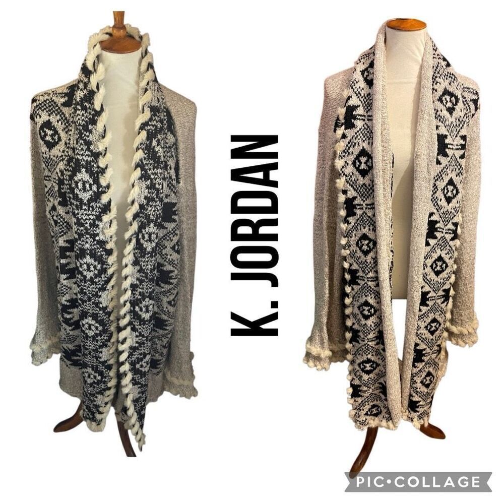 K. Jordan Southwestern Open Cardigan Sweater/Duster Coat Tan & Black w/ Faux Fur